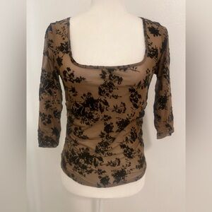 Dazy Floral Print Mesh Dark Brown Top